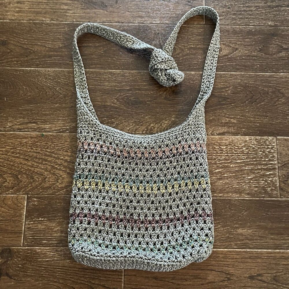 The Sak Crochet Shoulder Purse Bag Voyager Multicolor Taupe Striped Crossbody